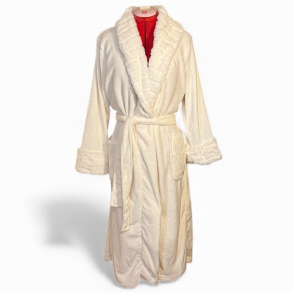 Carole Hochman White Long Plush Bath Robe with Fluffy Shawl Collar Size Medium
